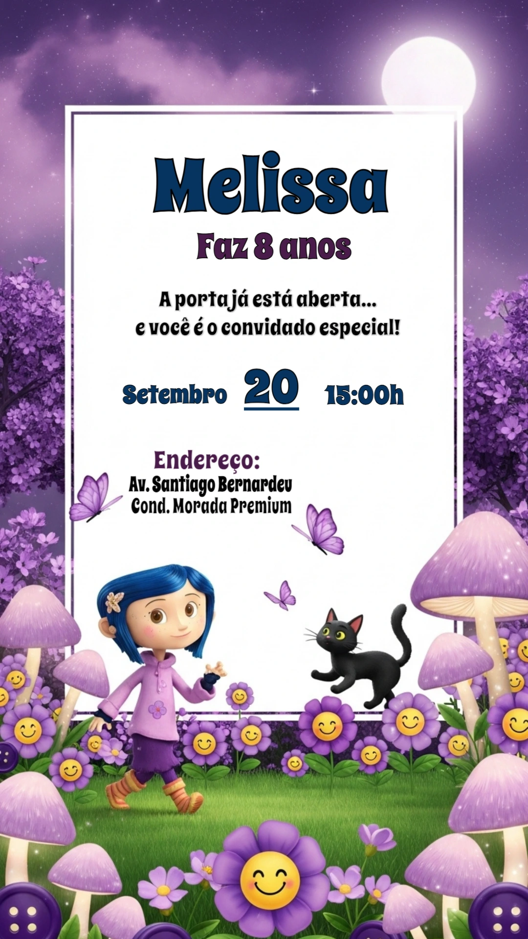 Convite Aniversário Coraline Mundo Secreto para Editar Online