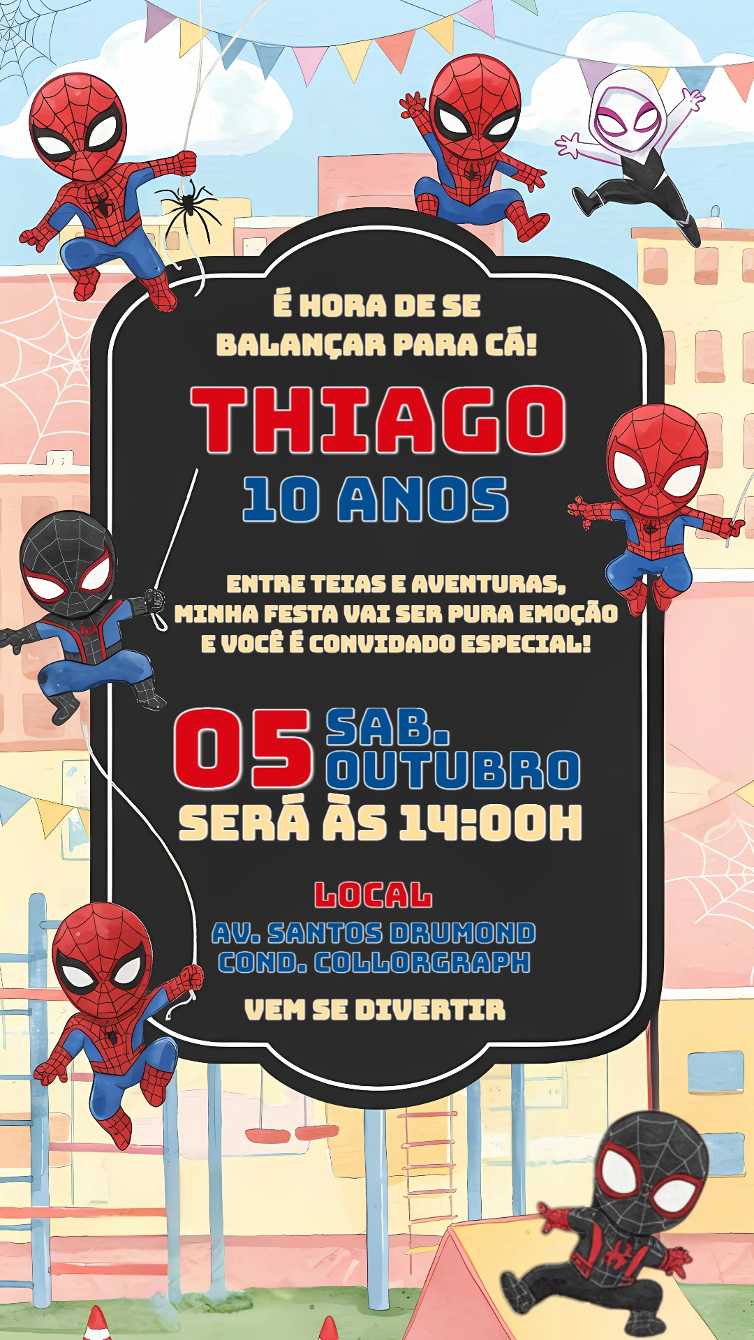 Convite de Aniversário Homem Aranha e Amigos para Editar Online