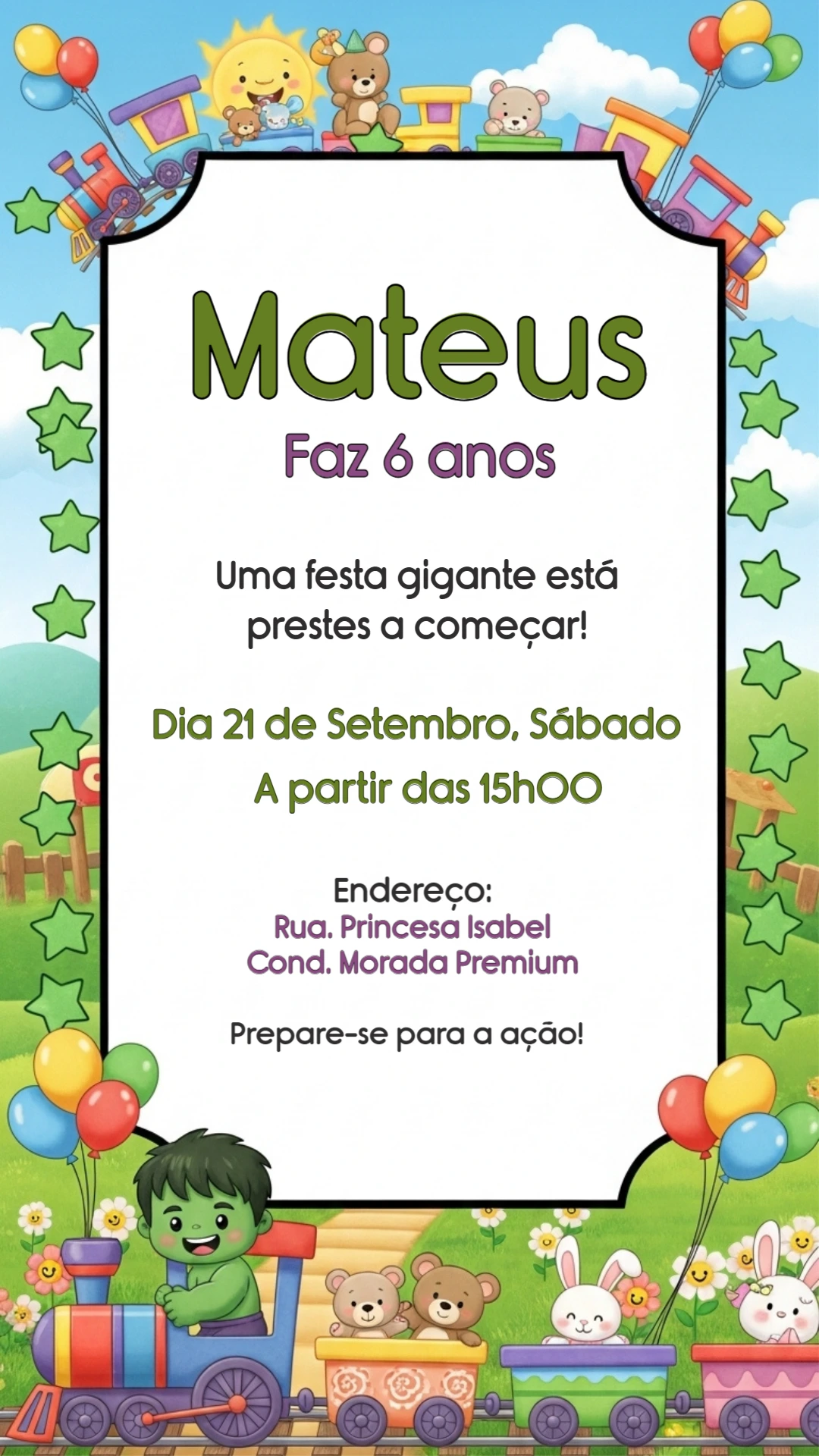 Convite Aniversário Incrível Hulk e Trenzinho para Editar Online