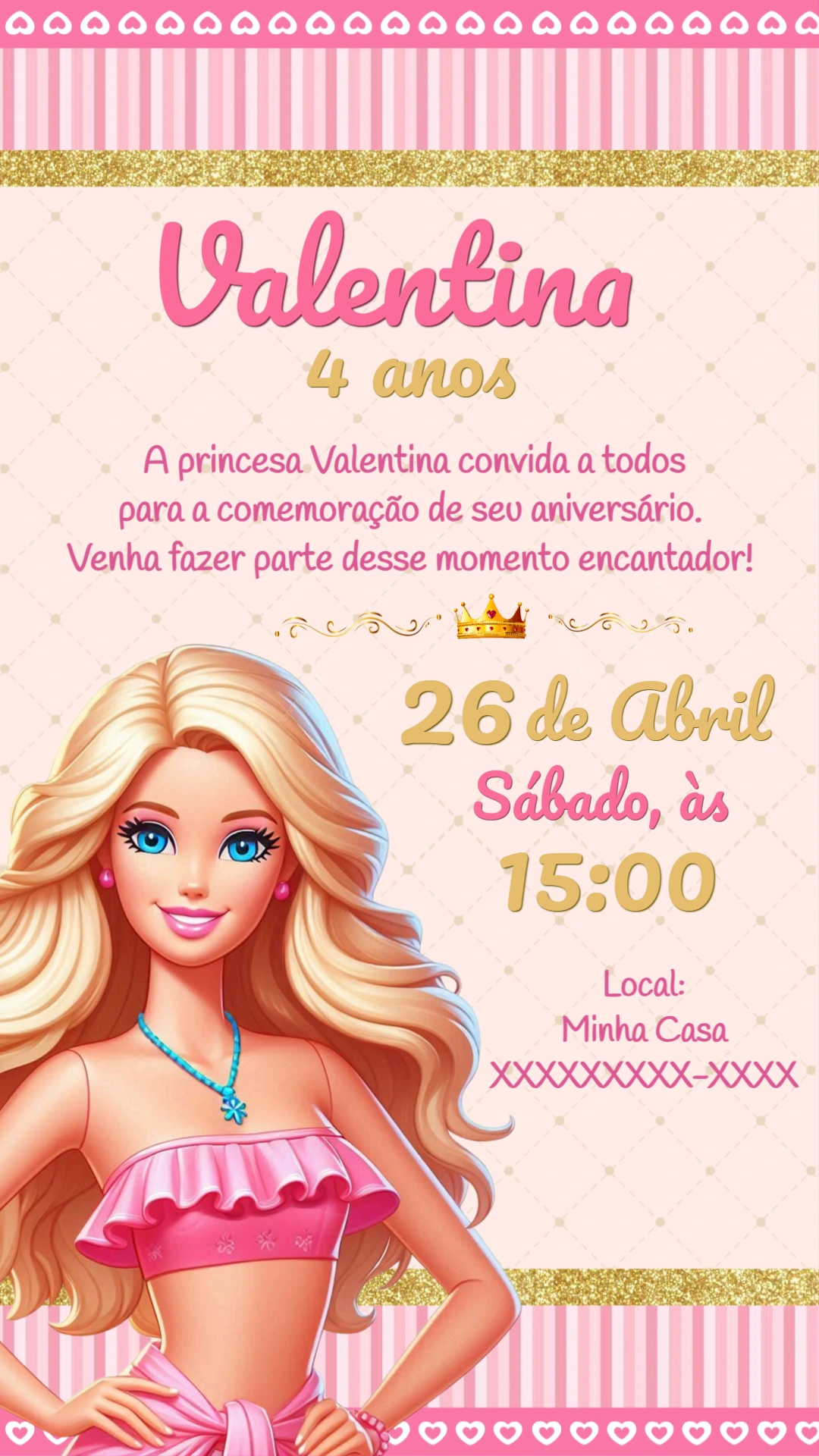 Convite de Aniversário Barbie Rosa e Dourado para Editar Online