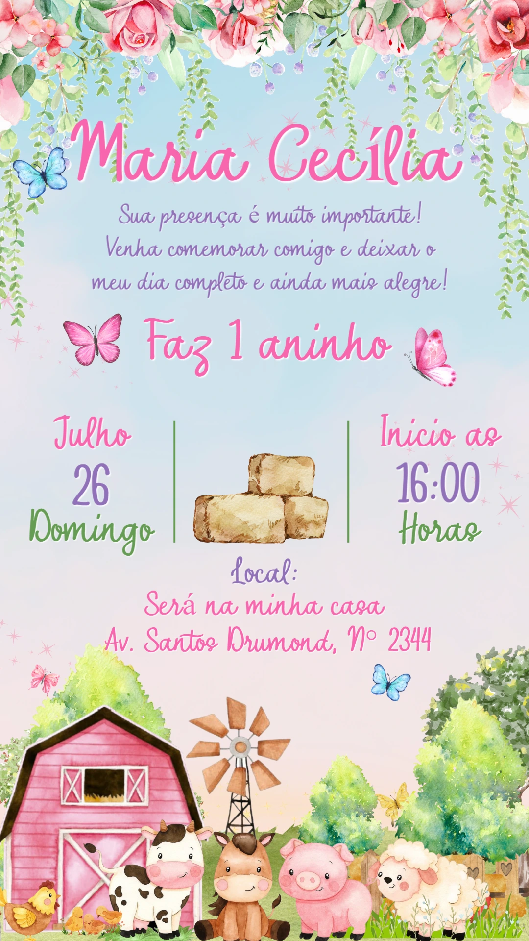 Convite Fazendinha Rosa com Animais Fofos para Editar Online