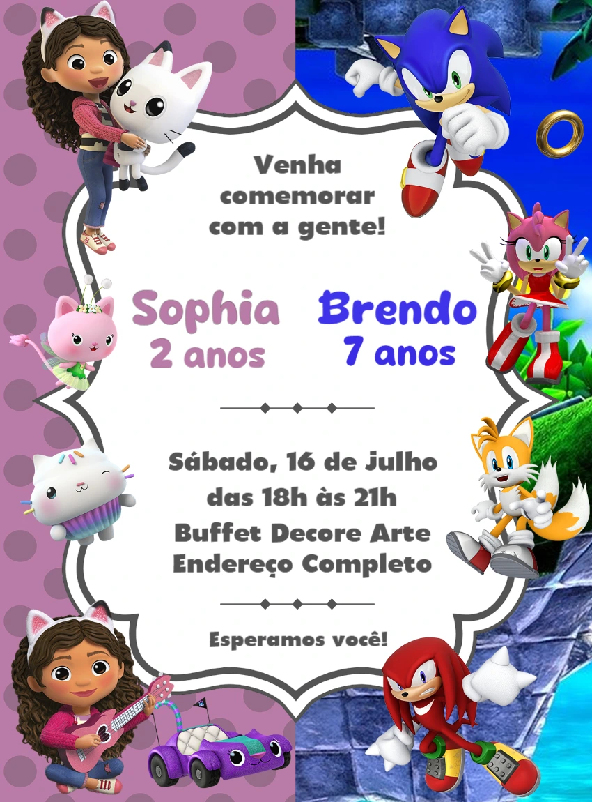 Convite Aniversário Duplo Gabby e Sonic para Editar Online