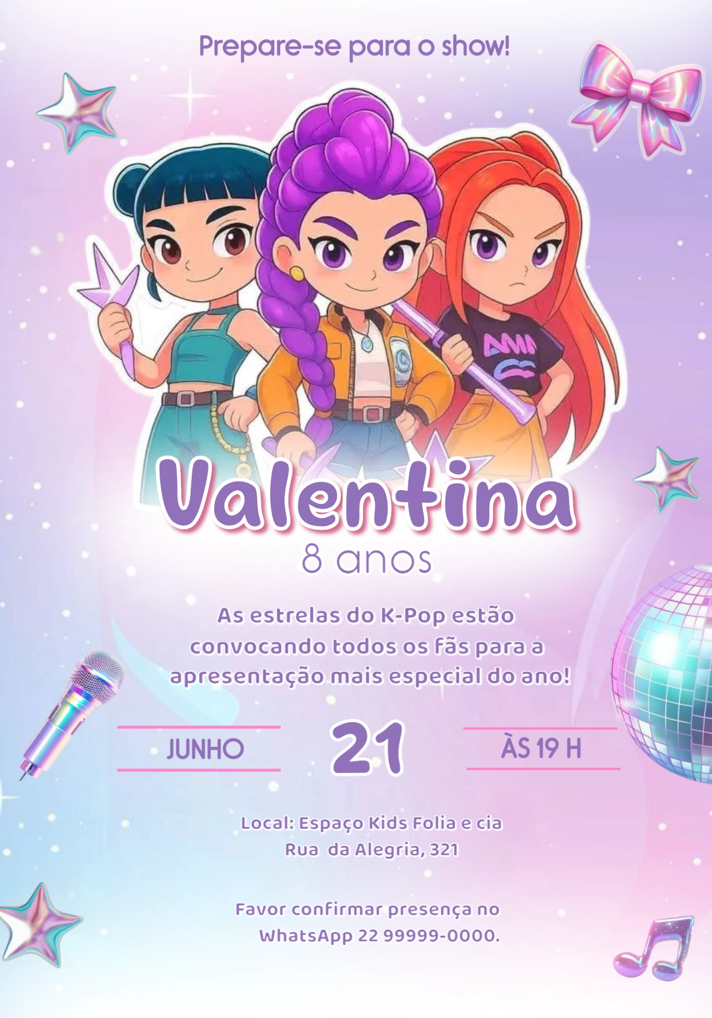 Convite de Aniversário Guerreiras K-Pop Meninas para Editar Online