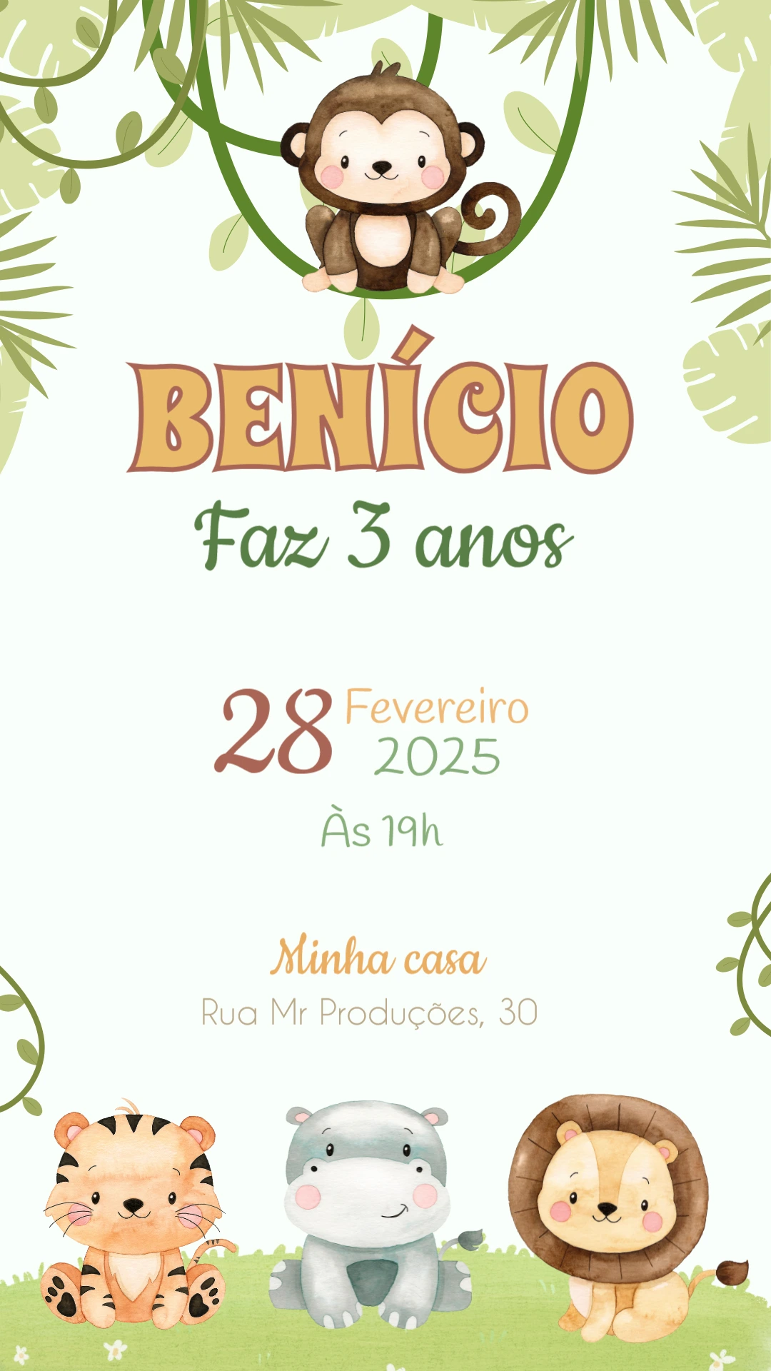 Convite Aniversário Safari com Animais Fofos para Editar Online