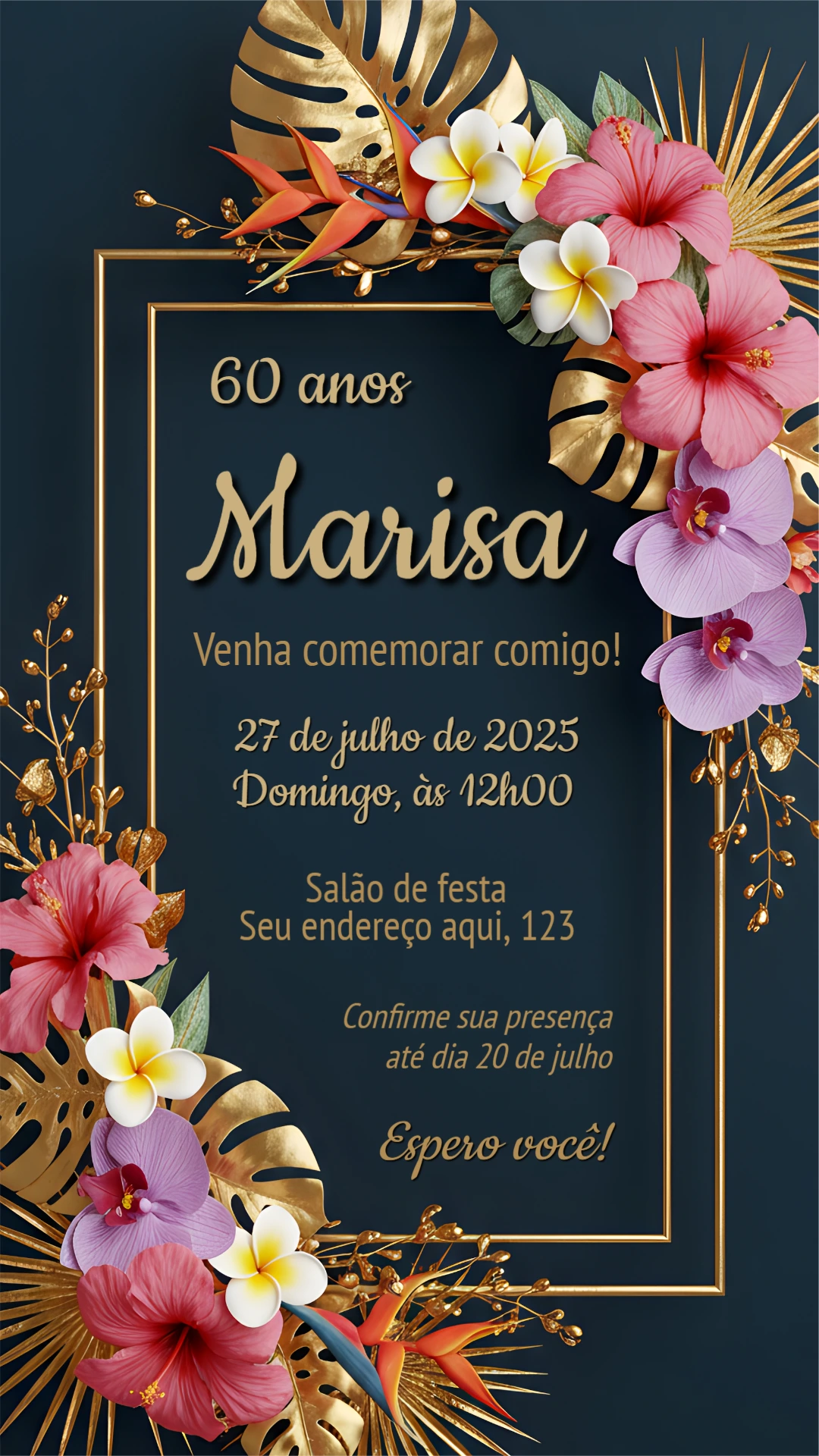 Convite Aniversário Tropical com Flores Douradas para Editar