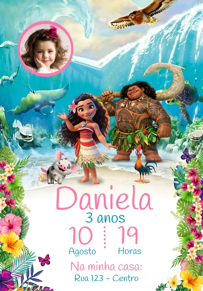 Convite Aniversário Moana com Foto para Editar Online