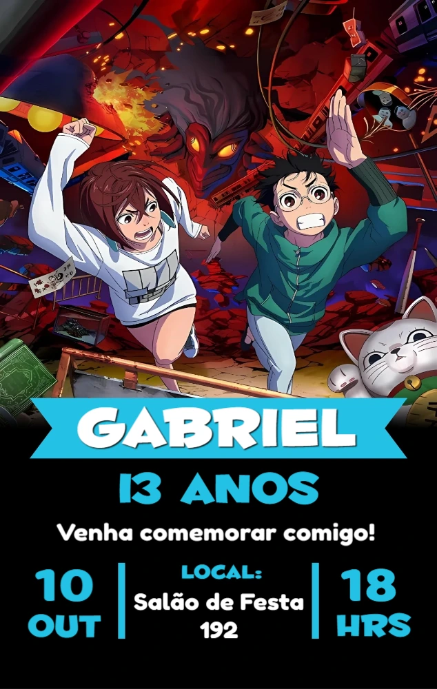 Convite de Aniversário Dandadan com Personagens para Editar