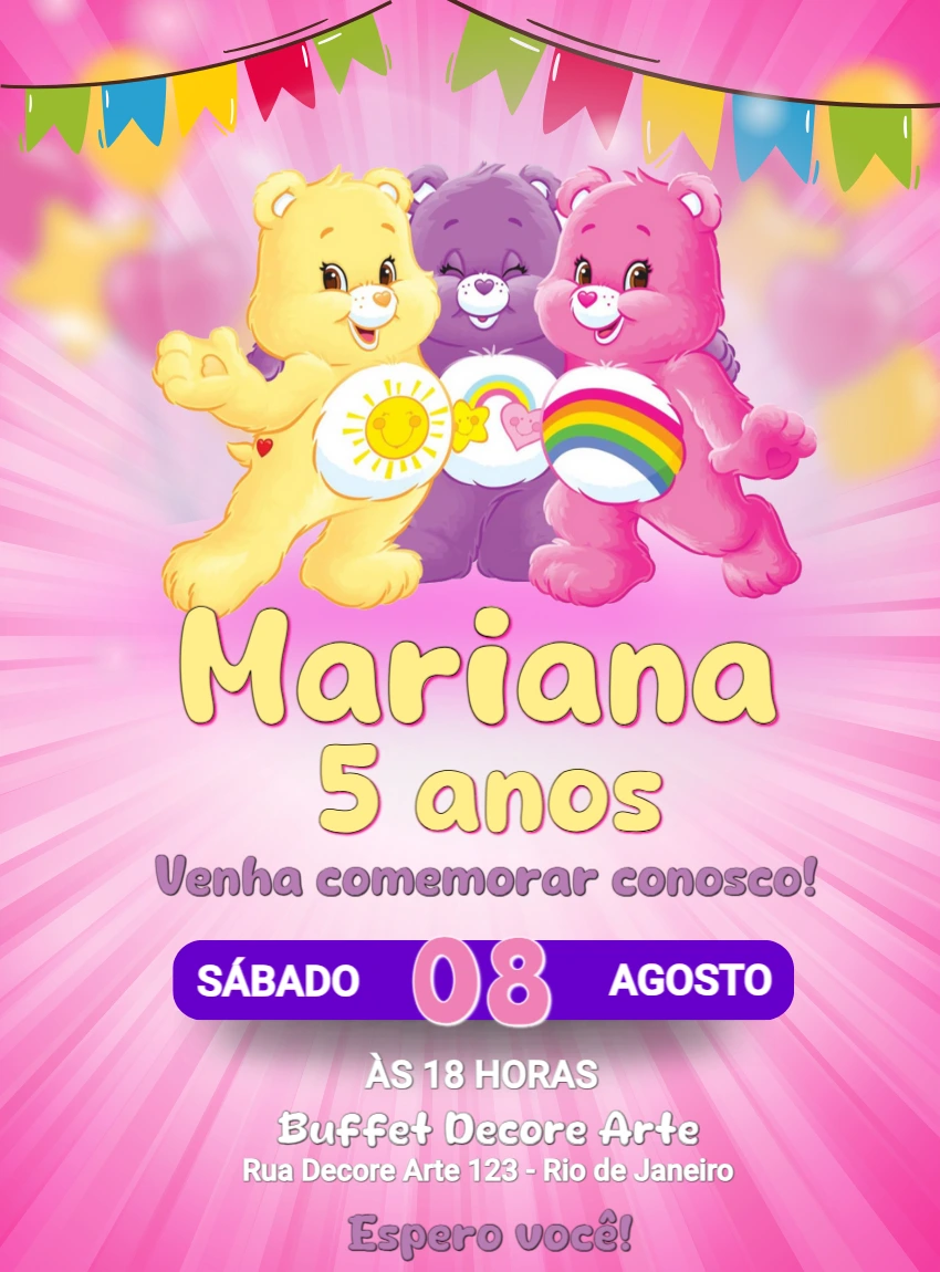 Convite de Aniversário Ursinhos Carinhosos para Editar Online
