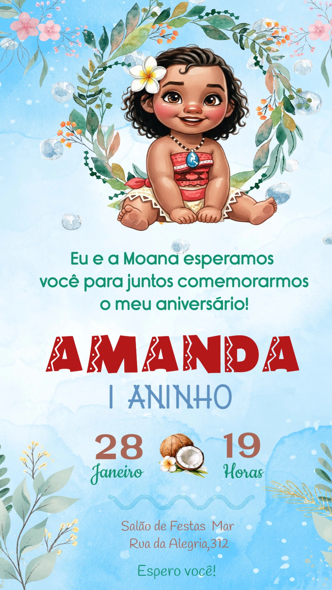 Convite Aniversário Moana Baby Editável Online para Imprimir