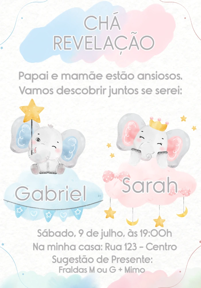 Convite Chá Revelação Elefantinhos para Editar Online