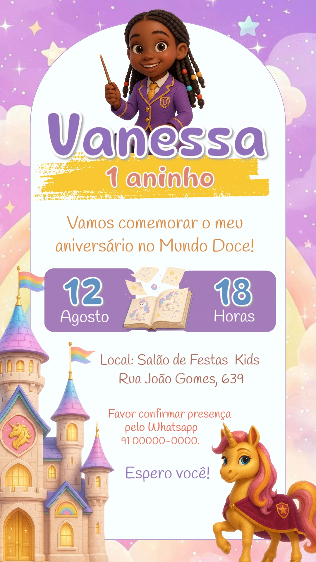 Convite Aniversário Academia Unicórnio com Personagens para Editar