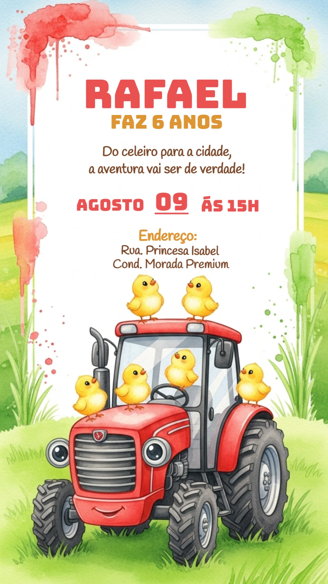 Convite Aniversário Fazendinha com Trator para Editar Online