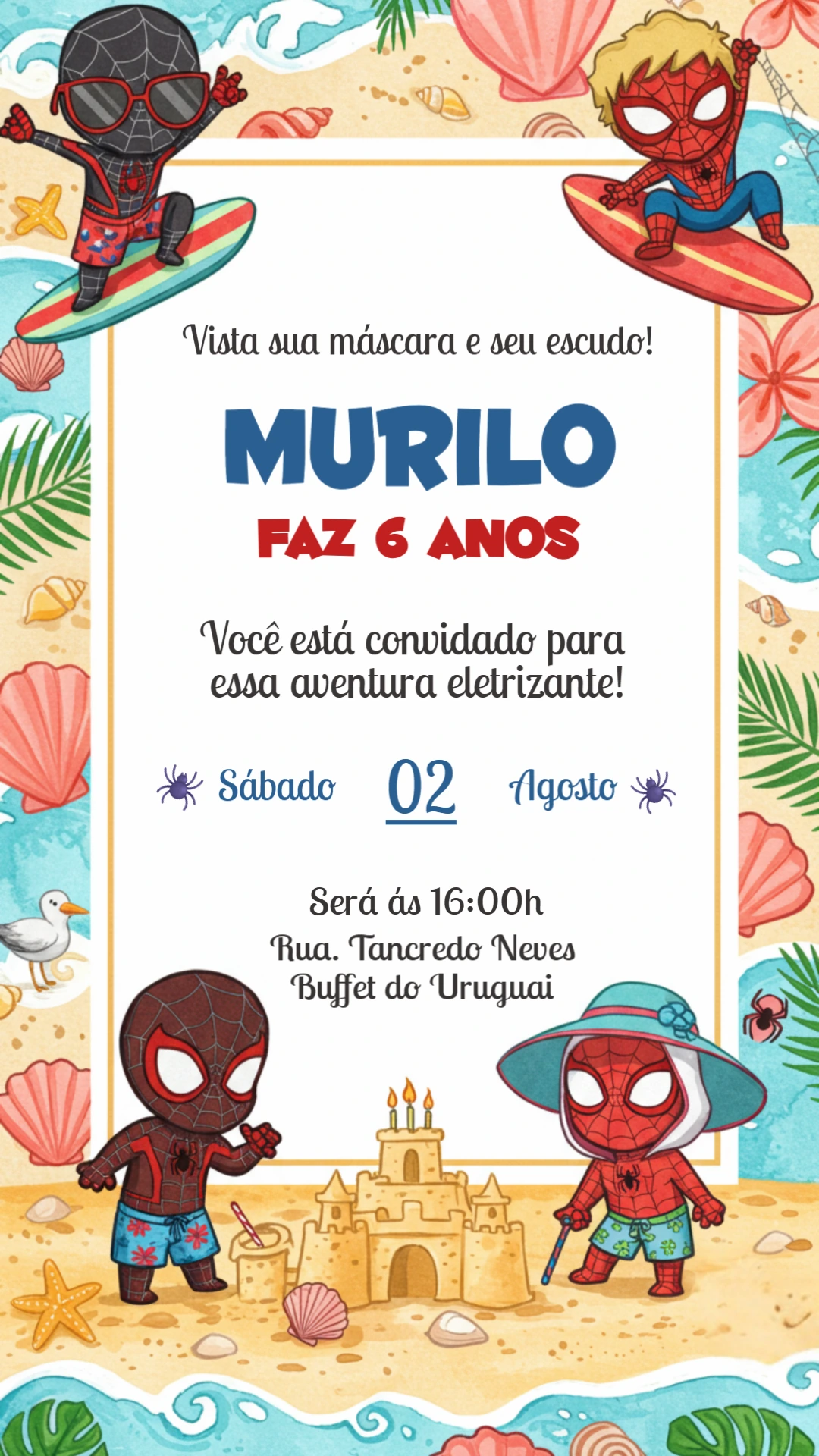 Convite Aniversário Homem Aranha Praia Editável Online