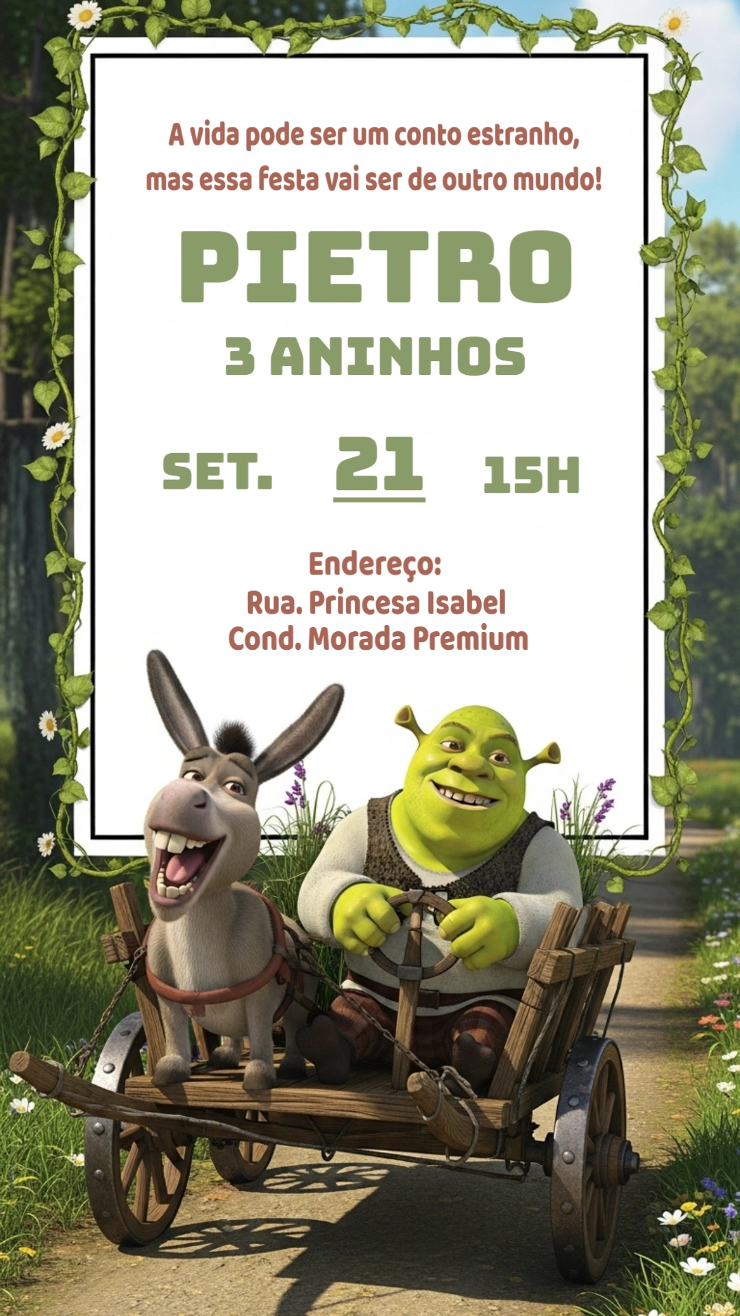 Convite de Aniversário Shrek e Burro para Editar Online