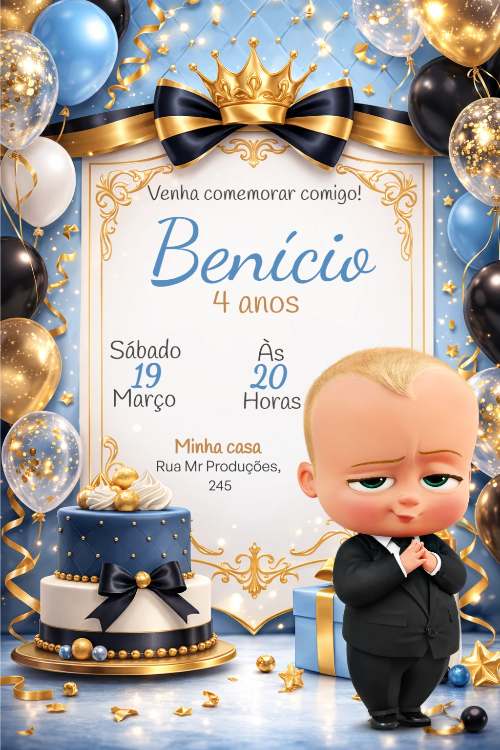 Convite Digital Aniversário Poderoso Chefinho Realeza Editável