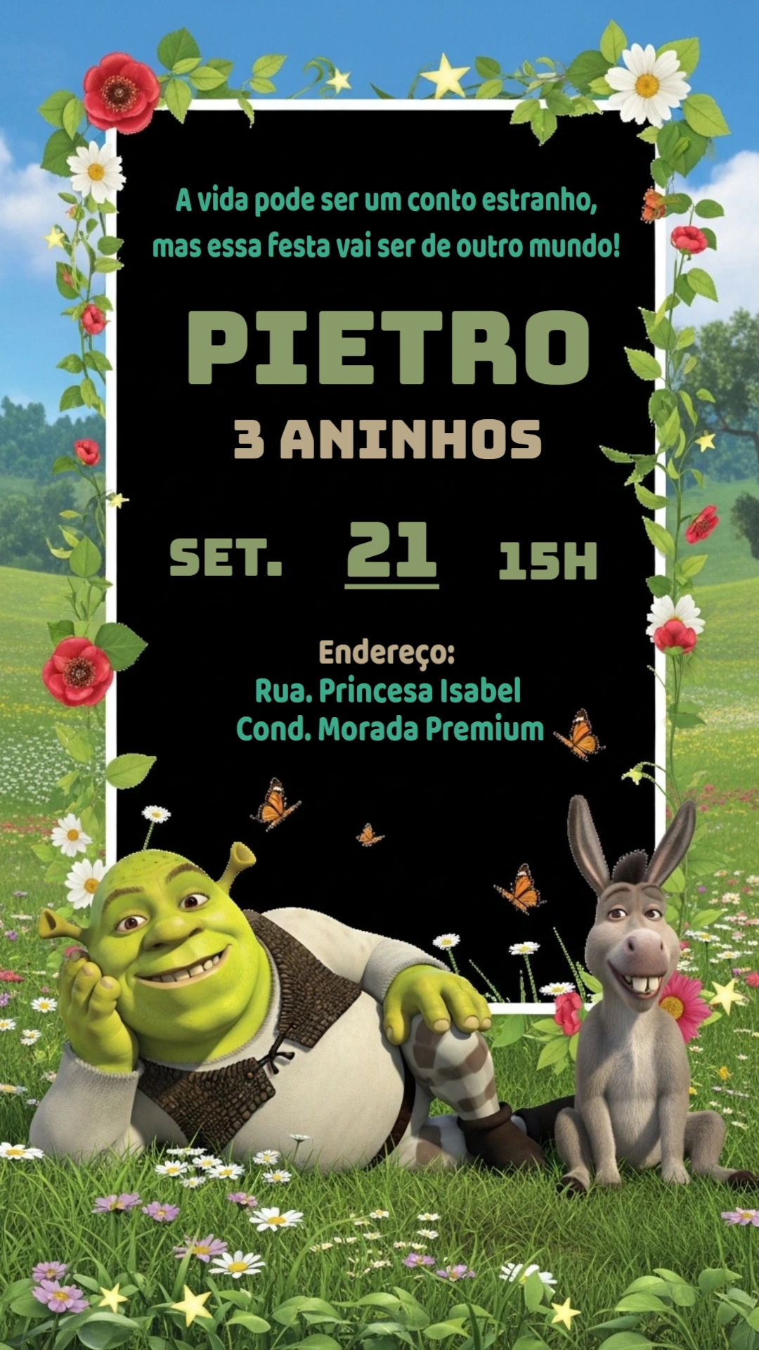 Convite de Aniversário Shrek com Personagens para Editar