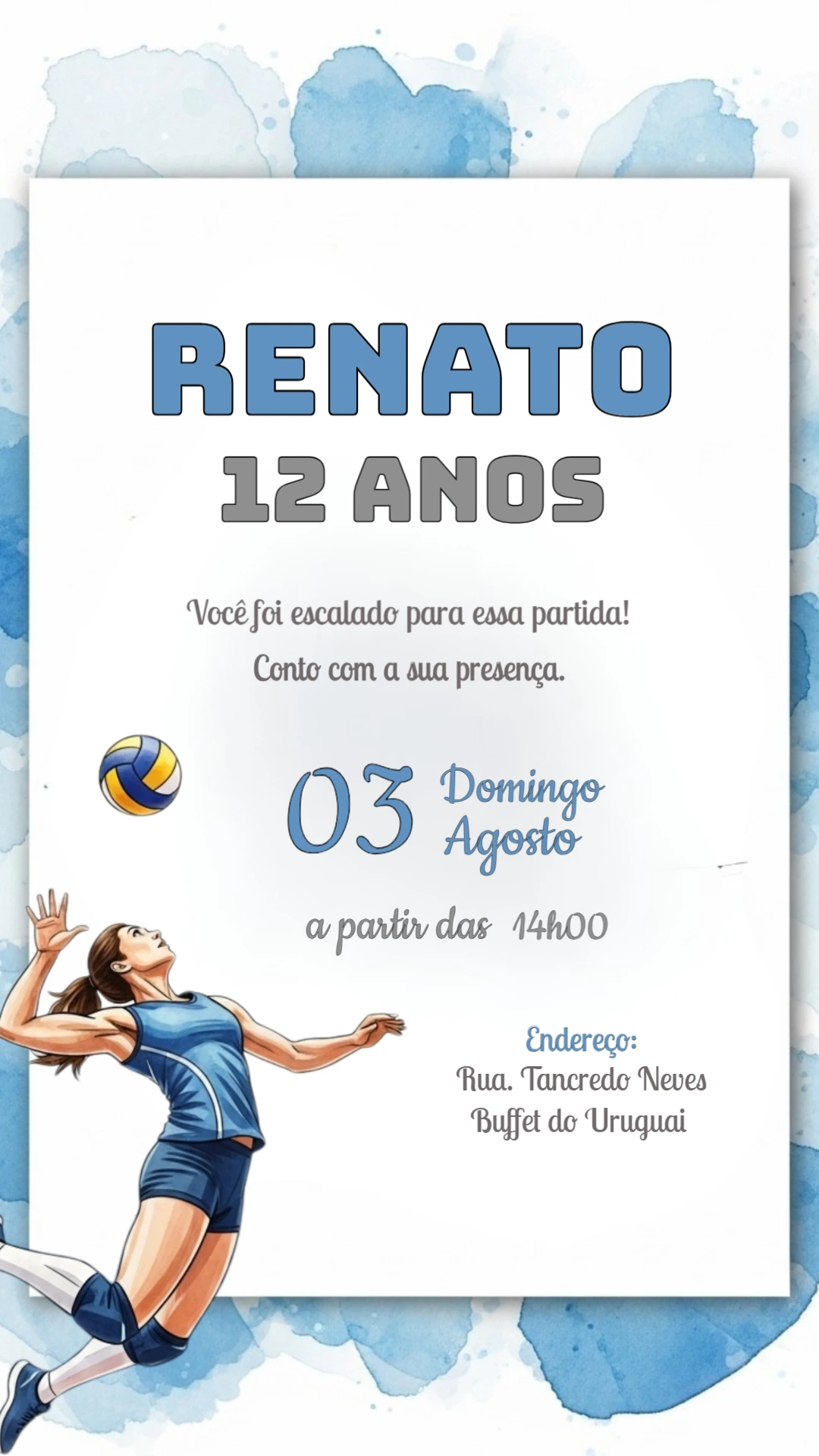 Convite de Aniversário Vôlei com Ilustração para Editar Online