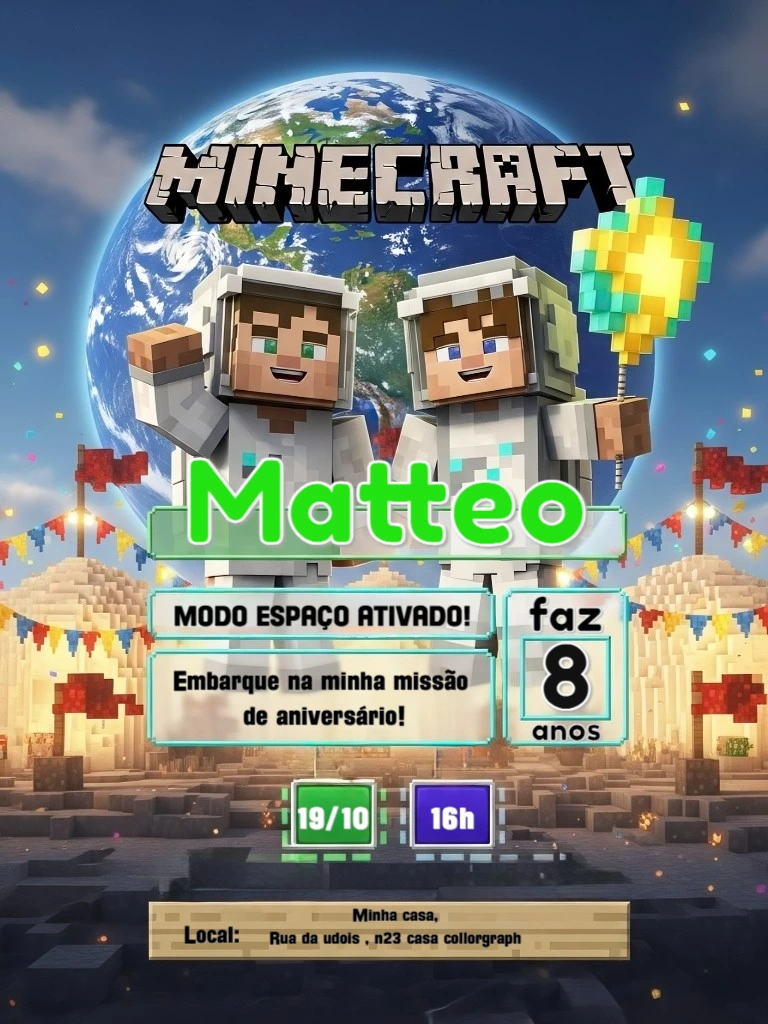 Convite de Aniversário Minecraft Espaço para Editar Online