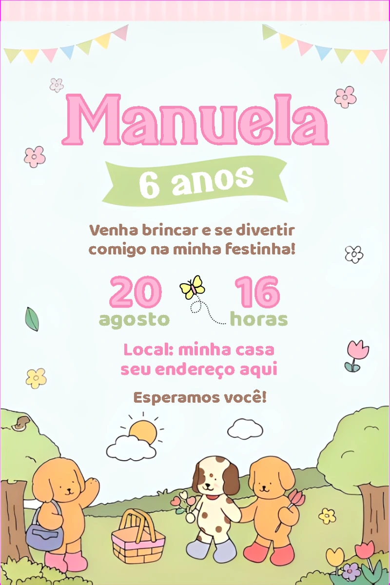 Convite de Aniversário Cachorrinhos Fofos para Editar Online