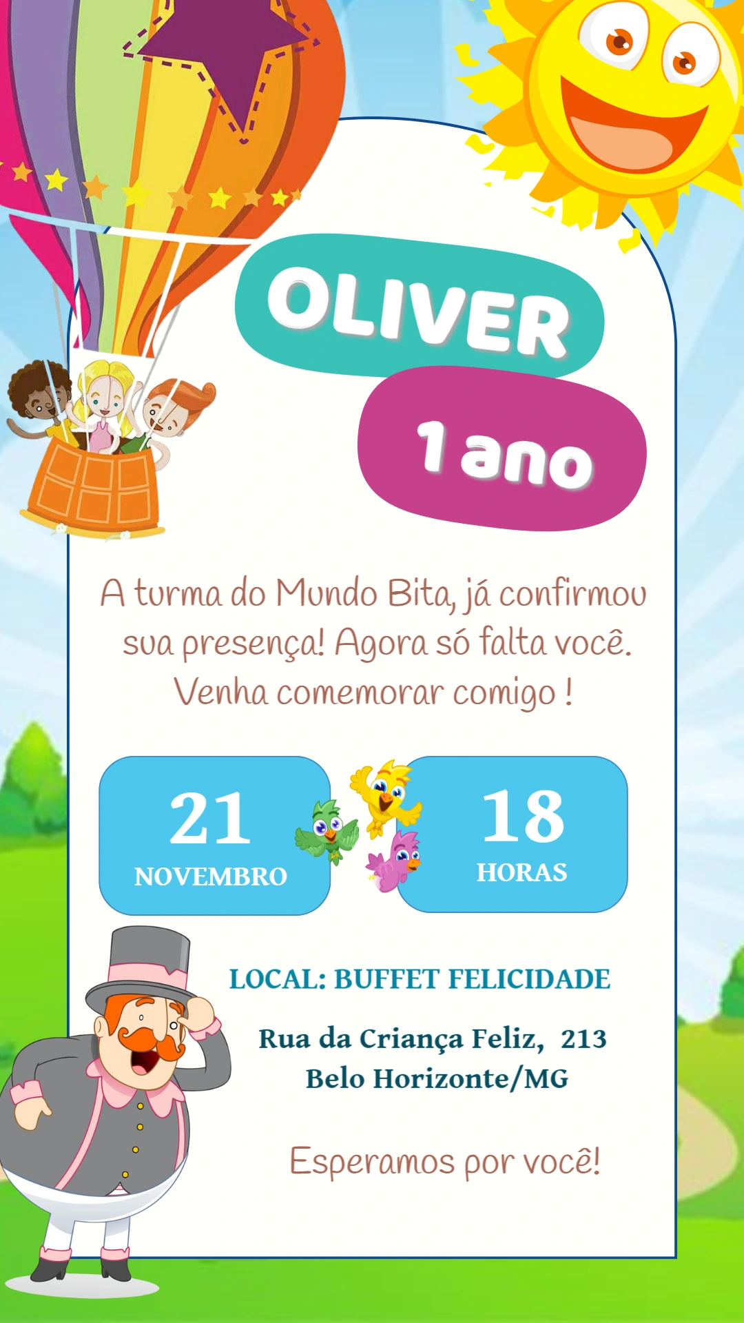 Convite Aniversário Mundo Bita com Balão para Editar Online