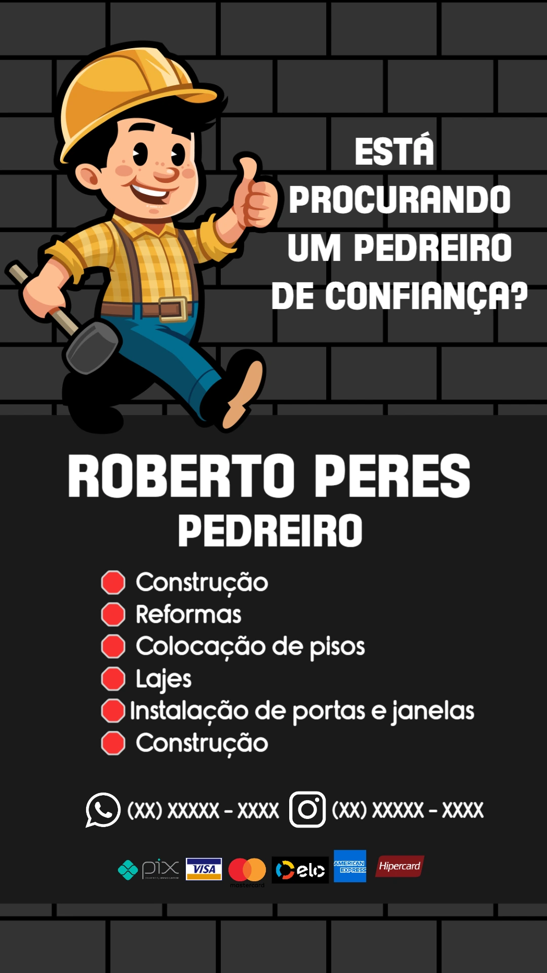 Cartão de Visita Pedreiro Profissional para Editar Online