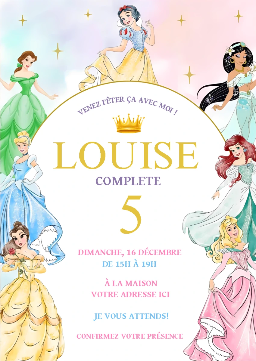 Invitation Anniversaire Princesses Disney à Modifier en Ligne
