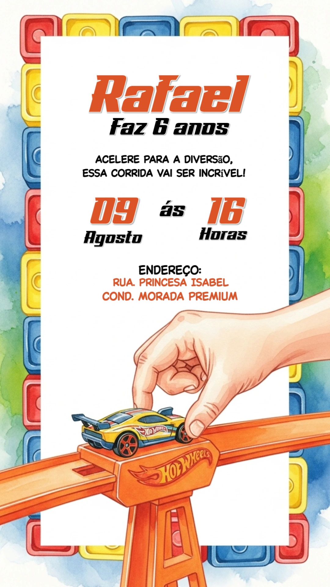 Convite de Aniversário Hotwheels Carros de Corrida para Editar
