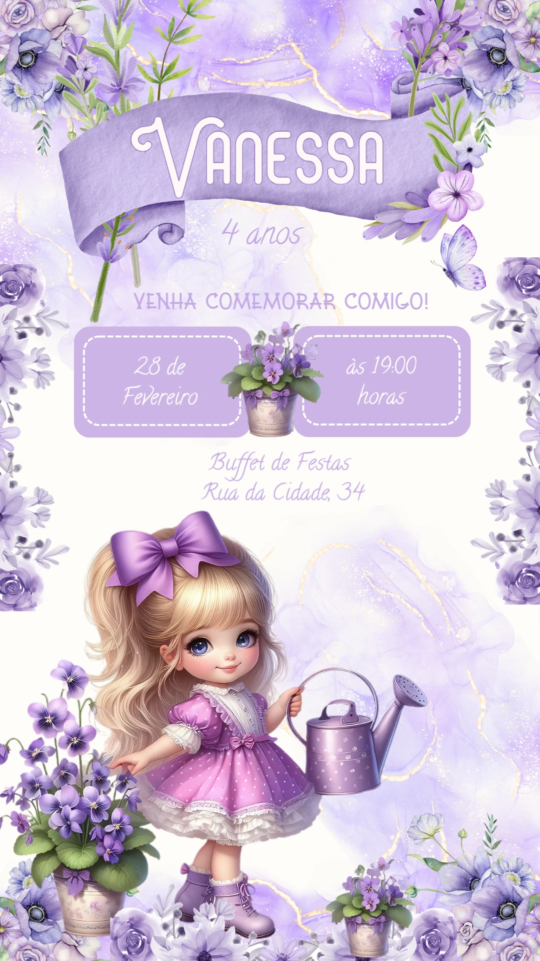 Convite Aniversário Jardim Lilás com Boneca para Editar Online