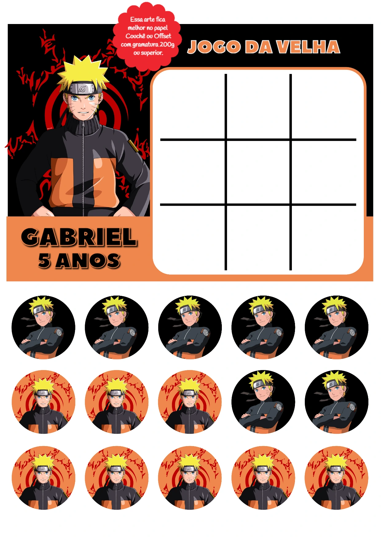 Jogo da Velha Naruto para Aniversário para Editar e Imprimir