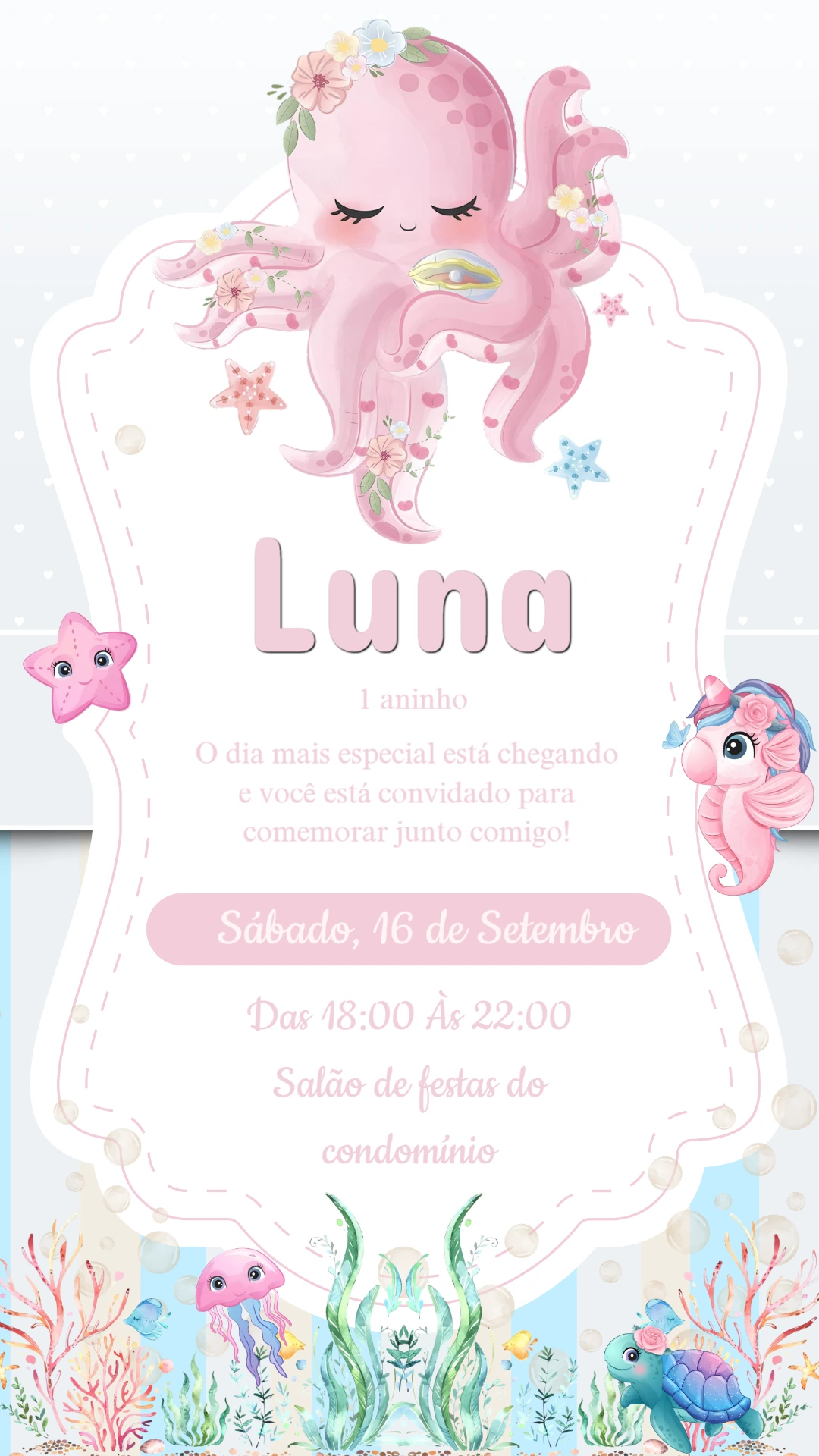 Convite Aniversário Fundo do Mar Polvo Rosa para Editar