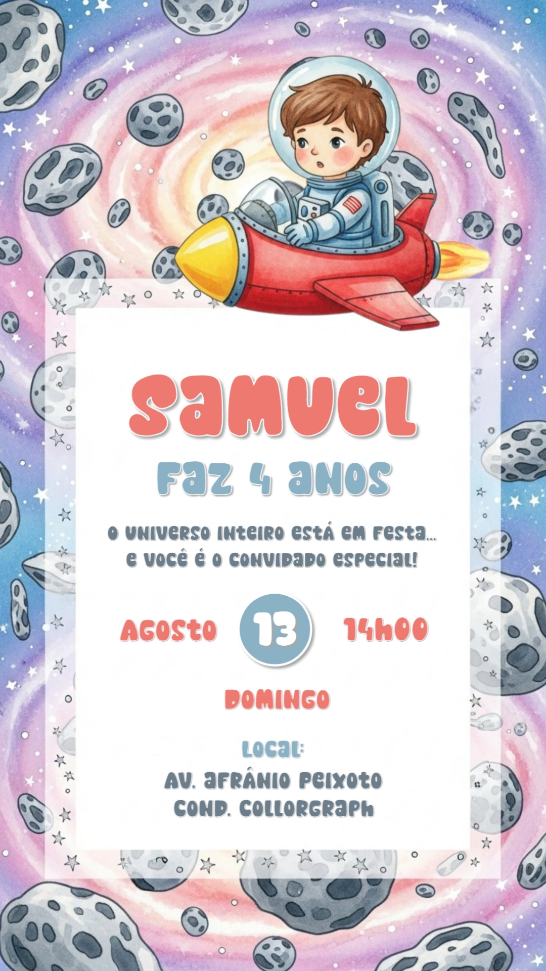 Convite Aniversário Astronauta Fofo para Editar Online