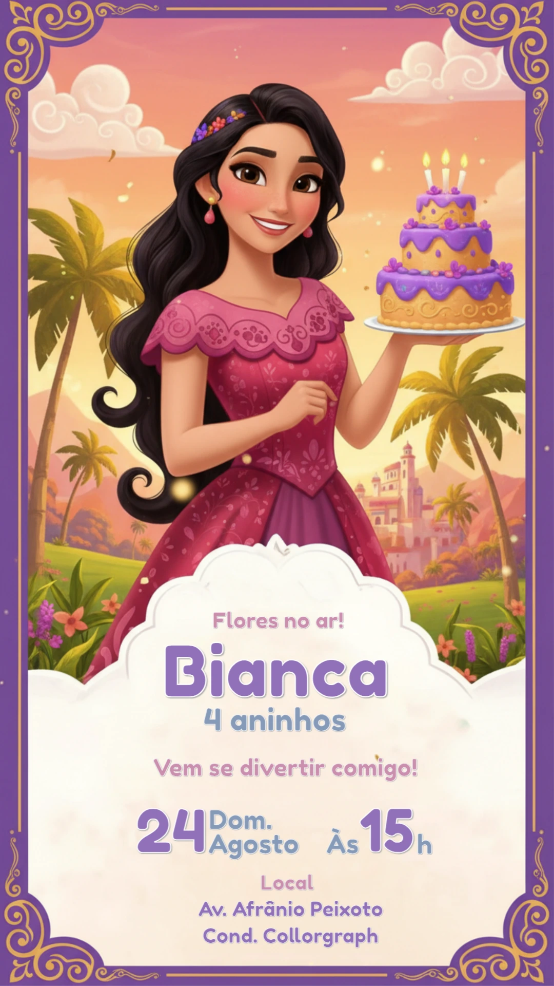 Convite de Aniversário Digital Princesa das Flores para Editar