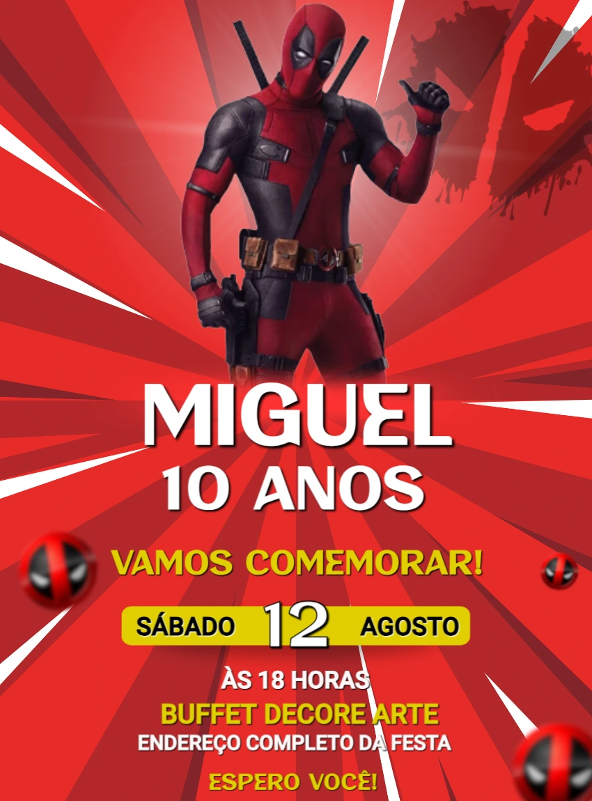 Convite de Aniversário Deadpool para Editar Online
