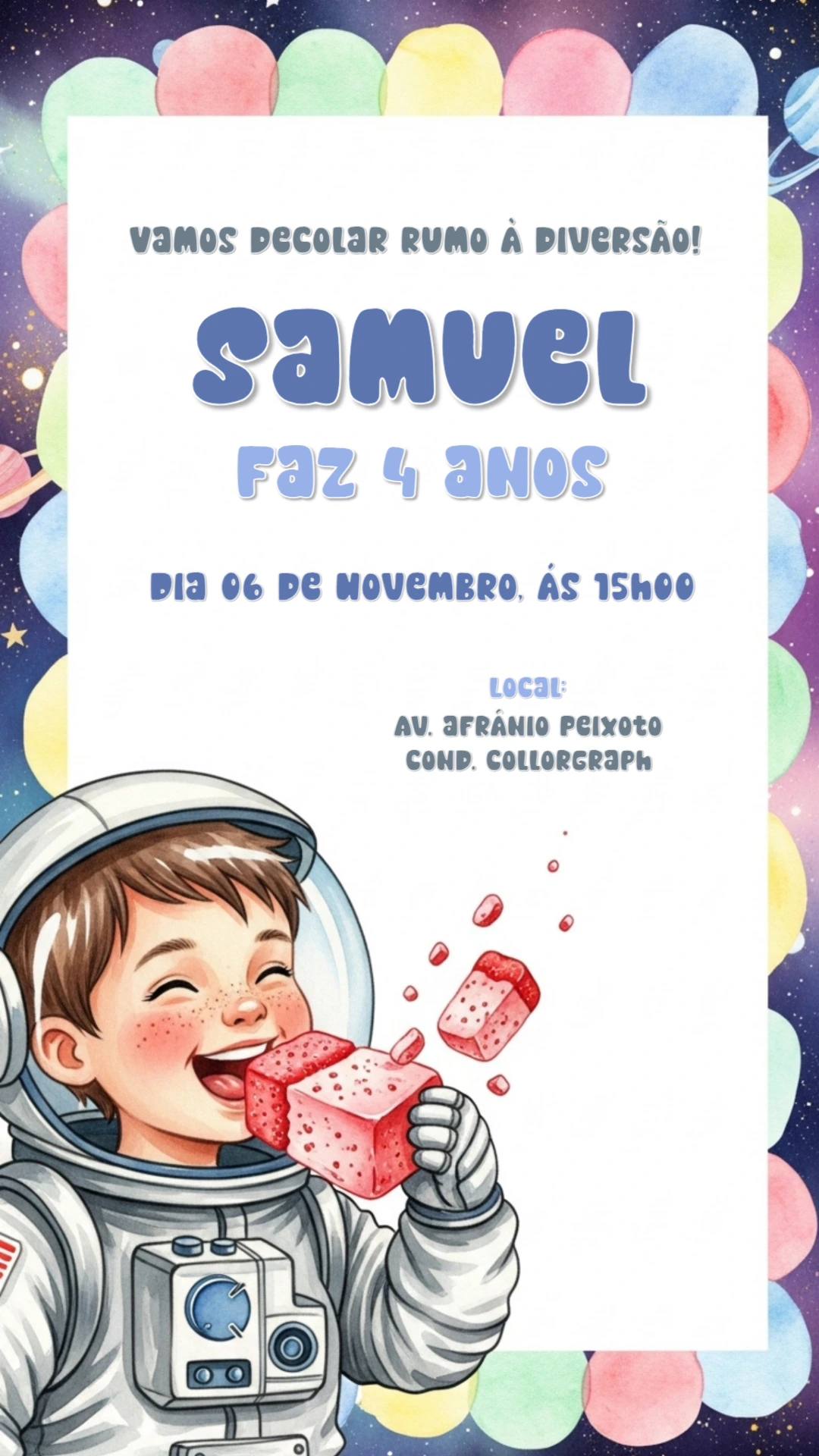 Convite de Aniversário Astronauta no Espaço para Editar Online