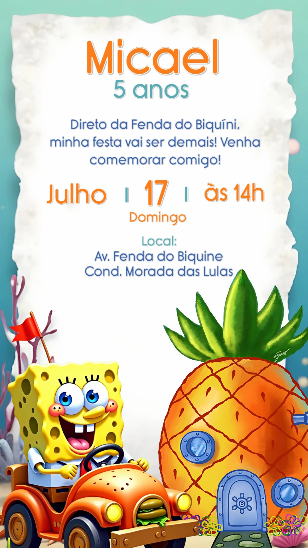 Convite de Aniversário Bob Esponja para Editar Online