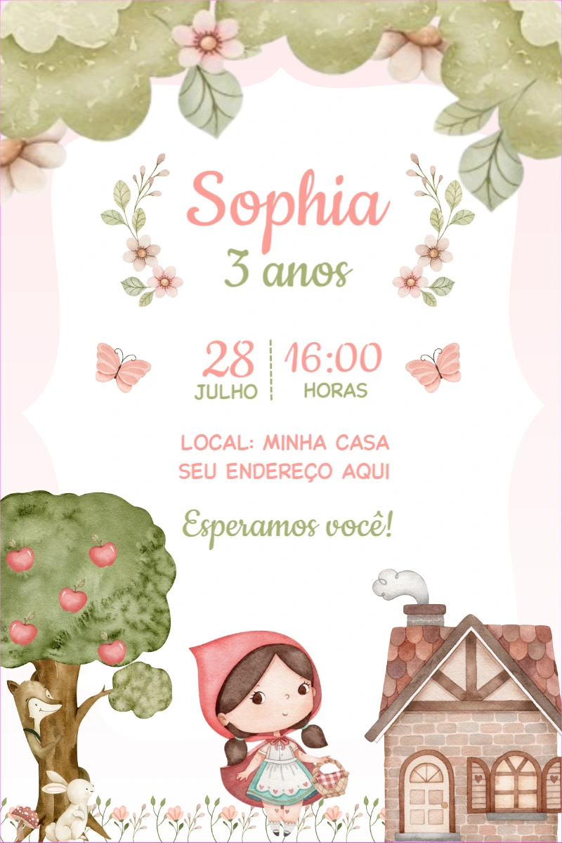 Convite Aniversário Chapeuzinho Vermelho para Editar Online