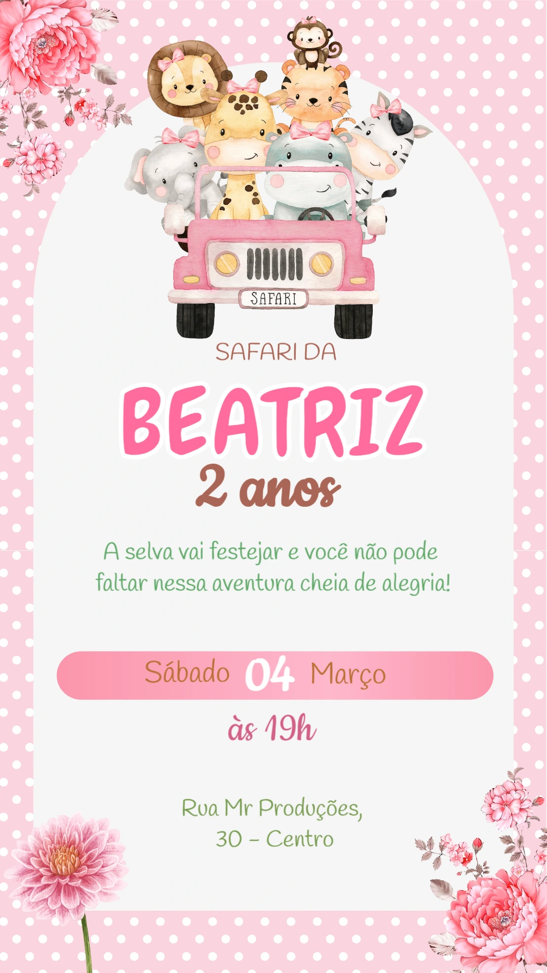 Convite Aniversário Safari Rosa com Animais Fofos para Editar