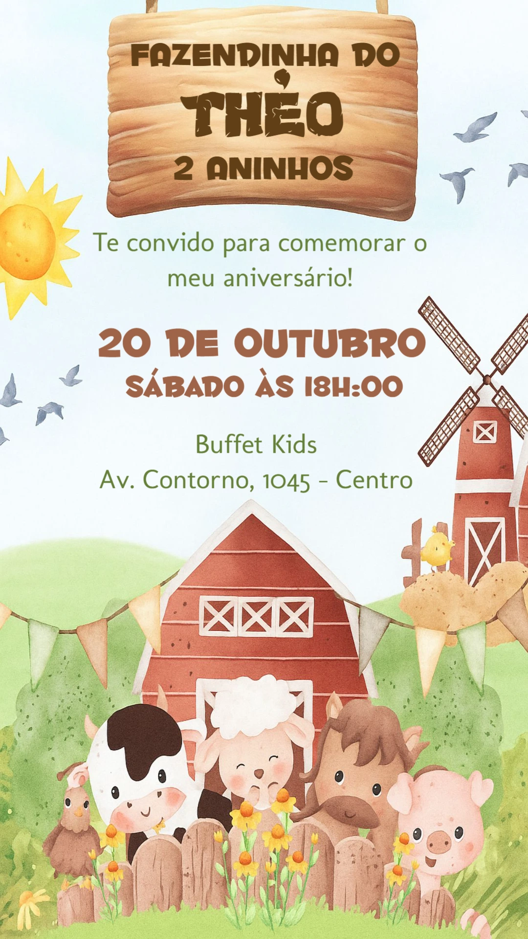Convite Aniversário Fazendinha com Animais para Editar
