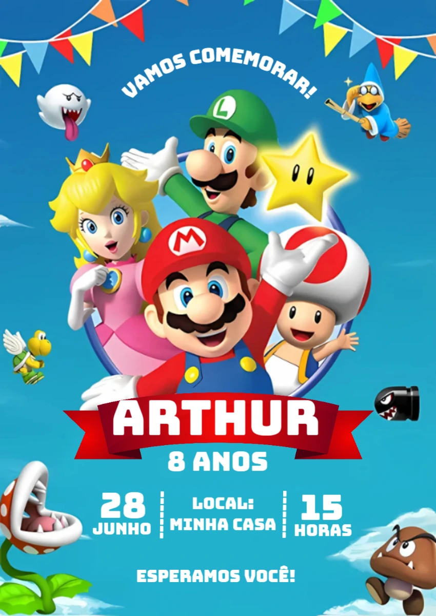 Convite de Aniversário Super Mario Bros com Personagens para Editar