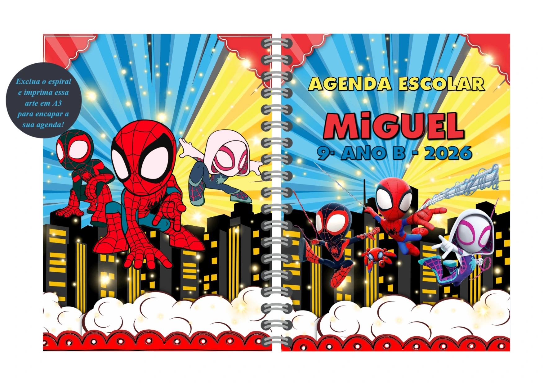 Capa de Agenda Escolar Spidey e Amigos para Editar Online