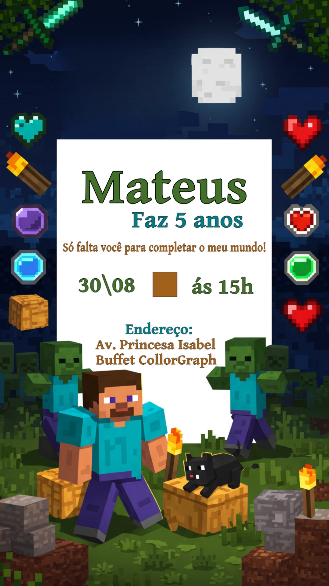 Convite de Aniversário Minecraft com Personagens para Editar