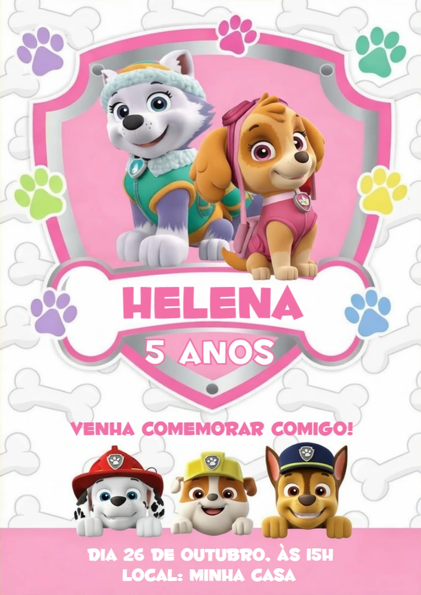 Convite de Aniversário Patrulha Canina Menina Rosa Editável