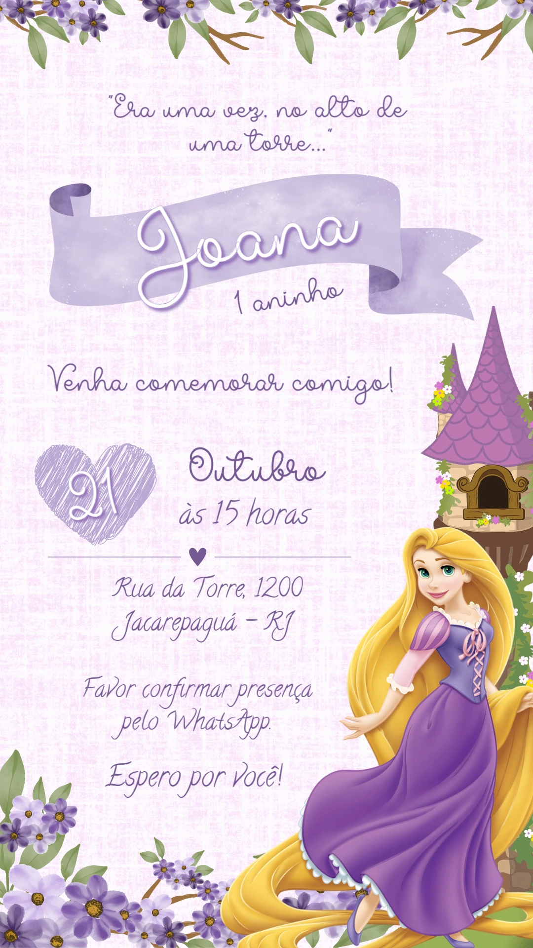 Convite Aniversário Rapunzel para Editar e Imprimir