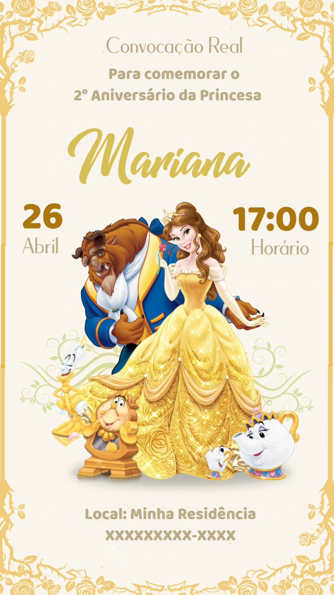 Convite Aniversário A Bela e a Fera para Editar Online