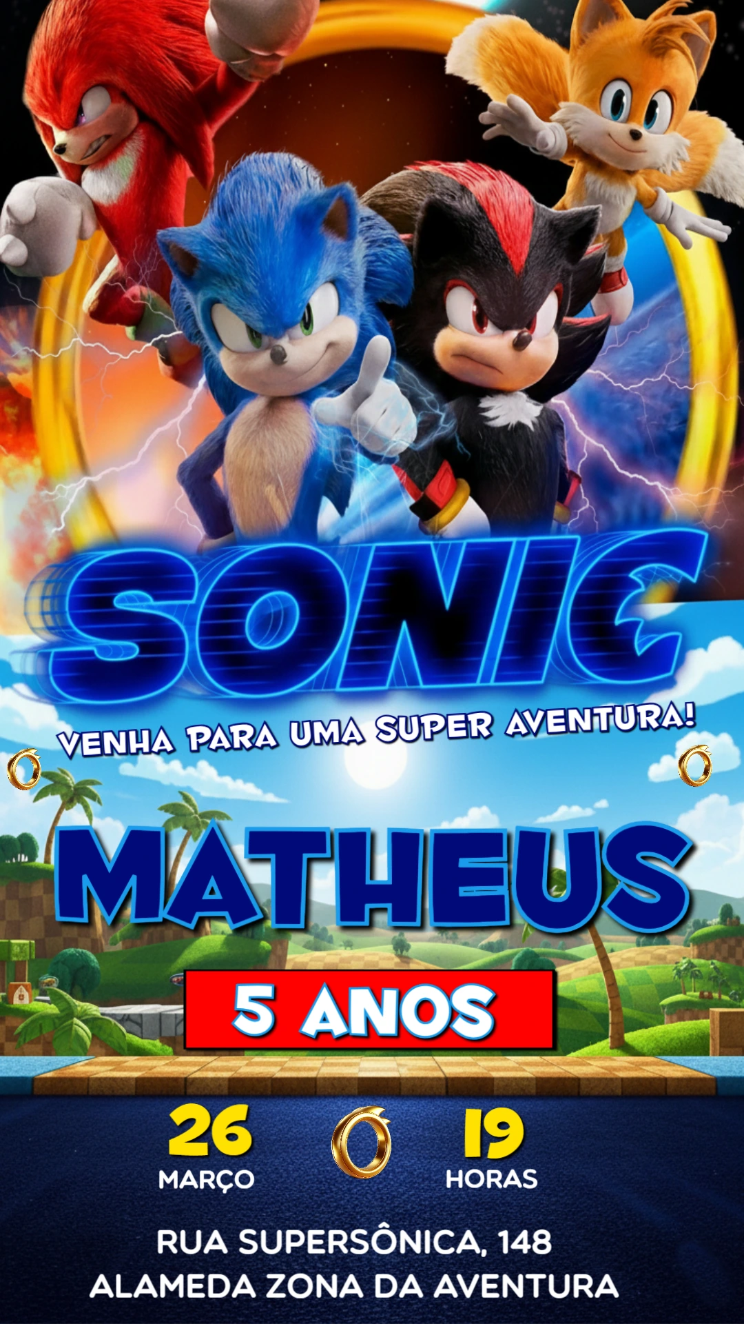 Convite de Aniversário Sonic Aventura Digital para Editar