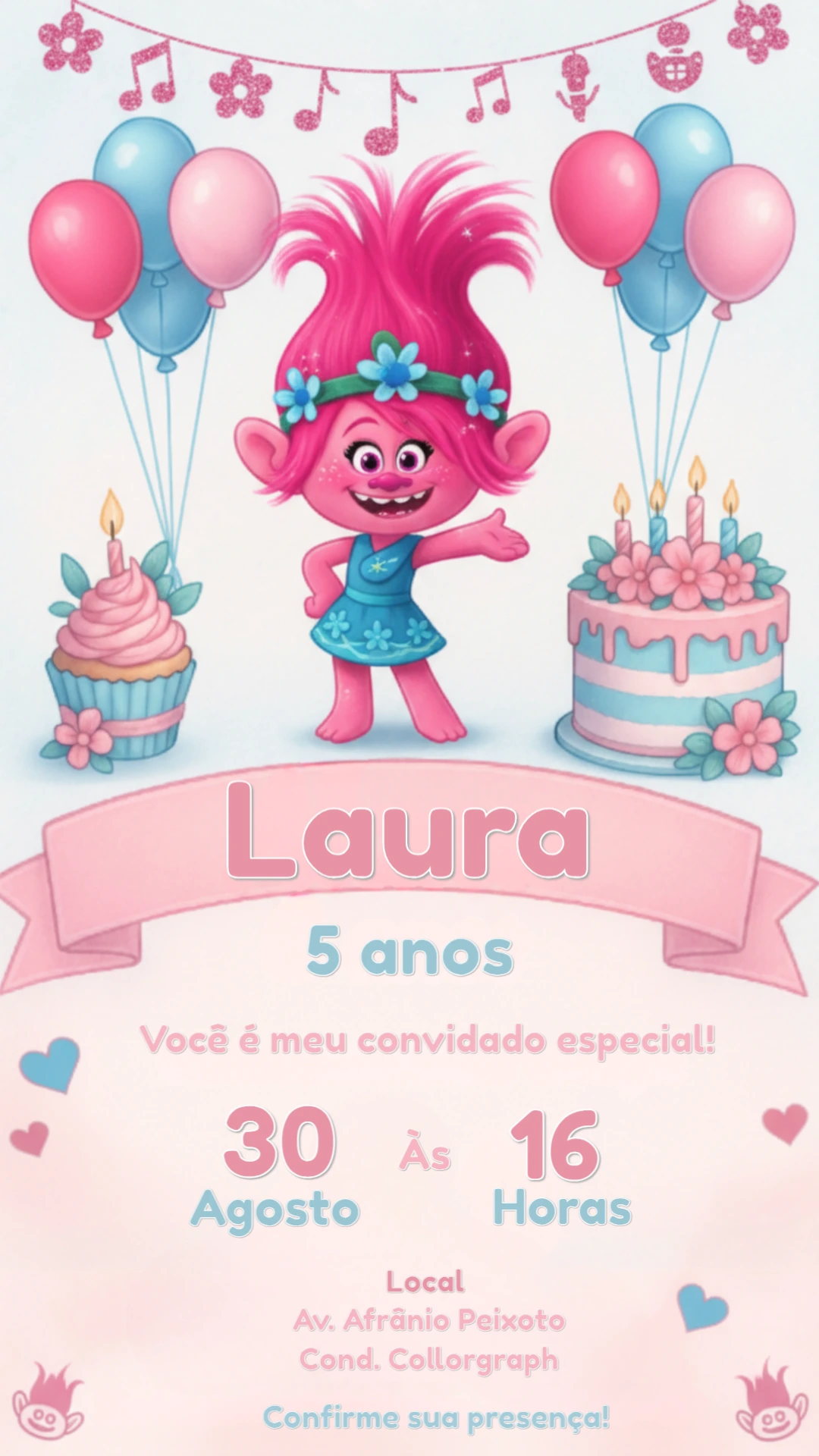 Convite de Aniversário Trolls Poppy Colorido para Editar