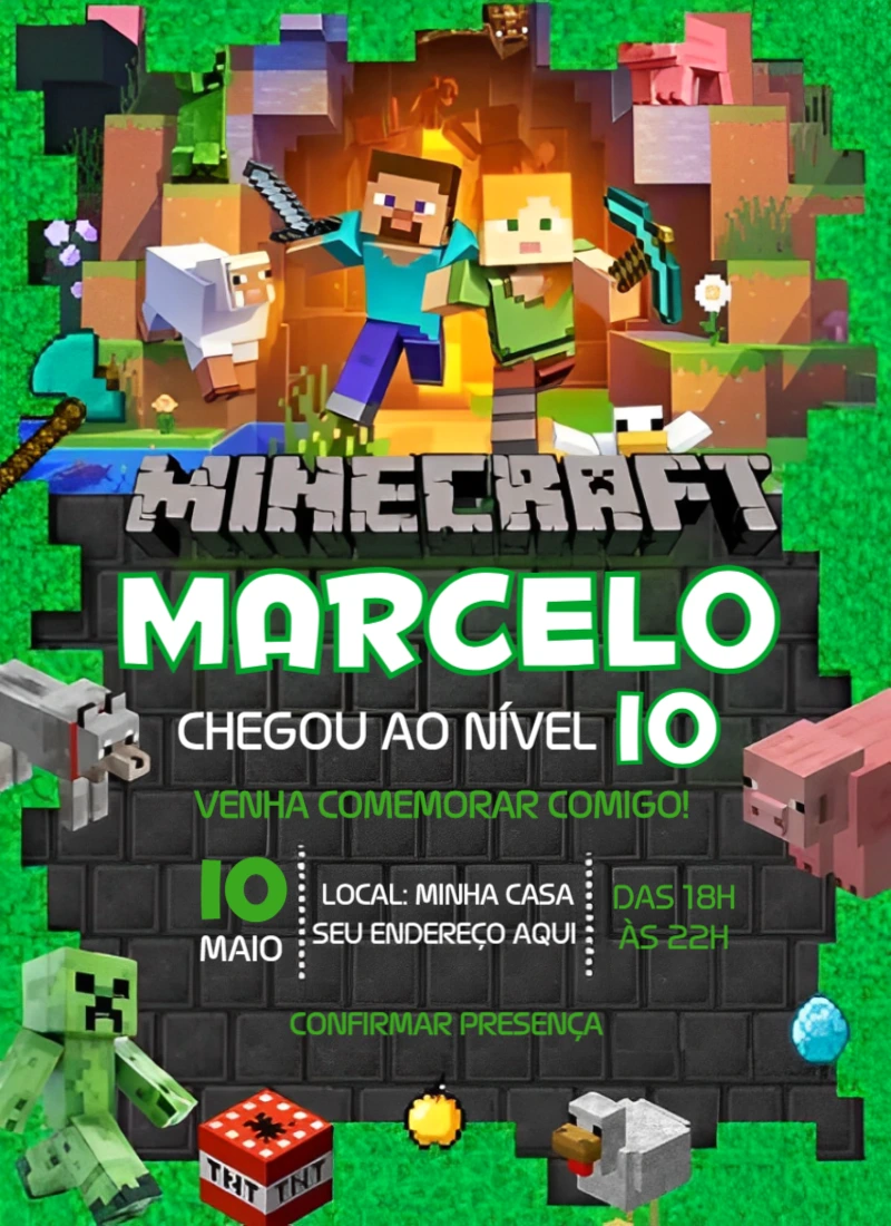 Convite de Aniversário Minecraft com Personagens para Editar Online