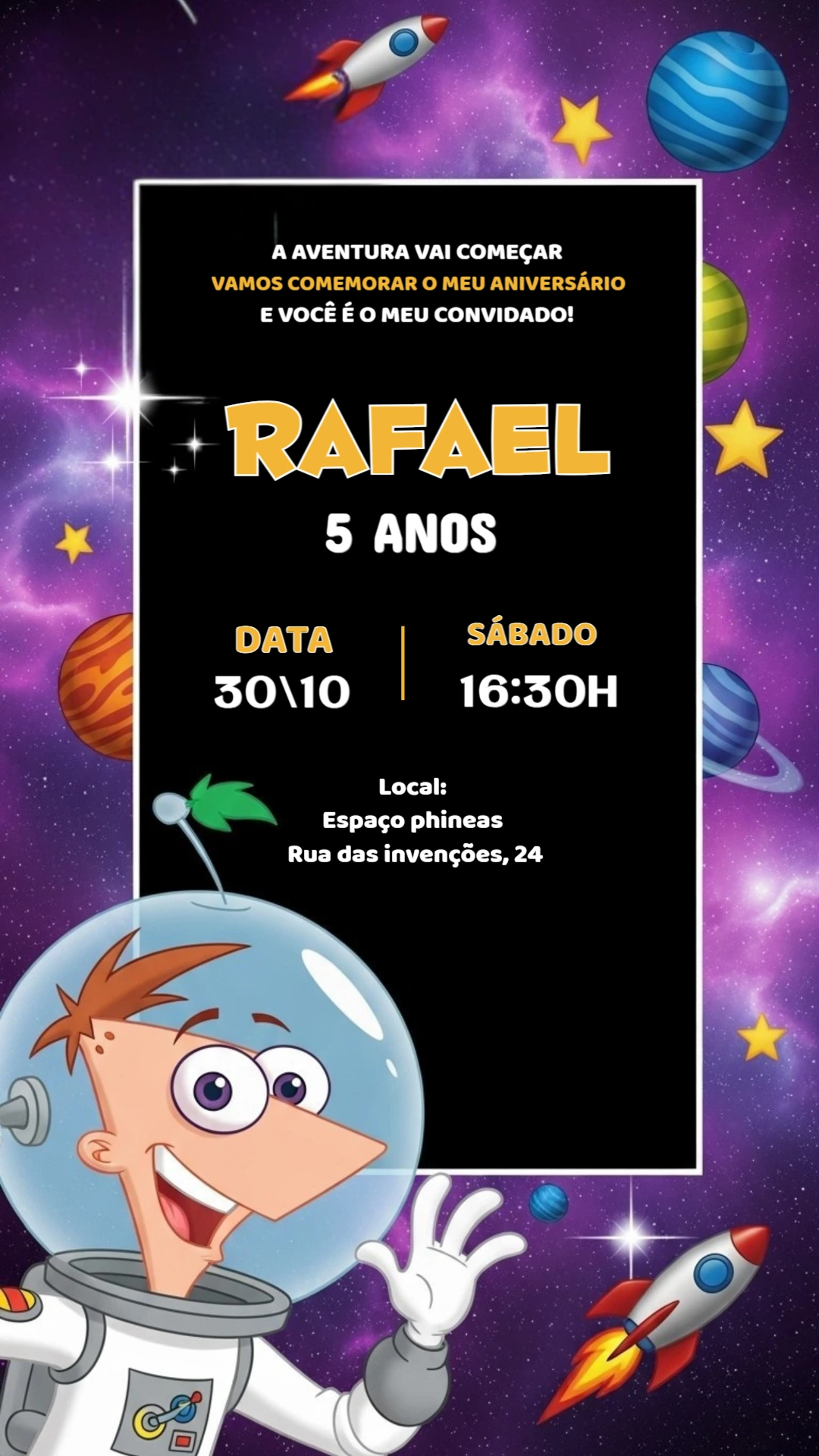Convite de Aniversário Phineas no Espaço para Editar Online