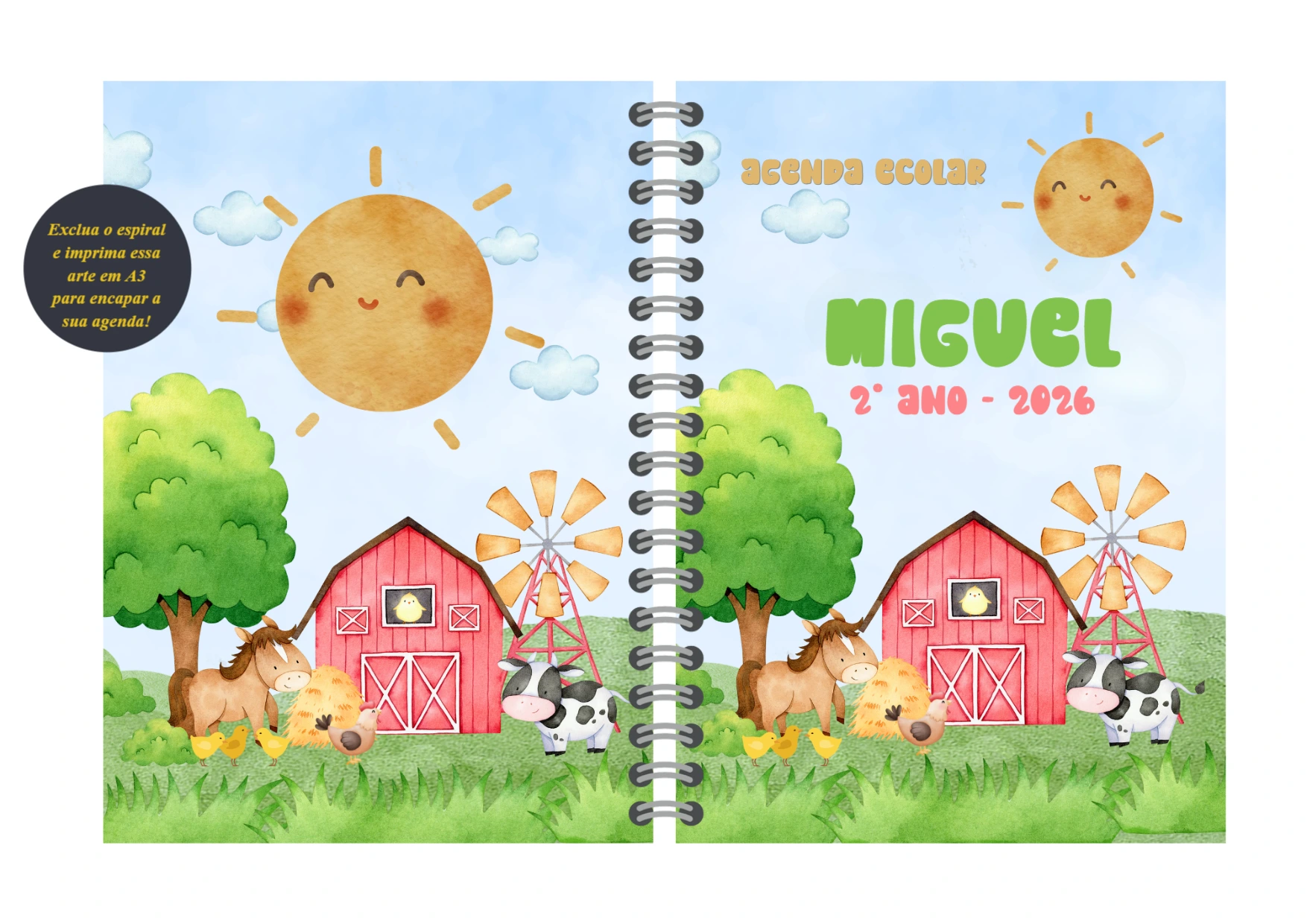 Capa de Agenda Escolar Fazendinha para Editar Online