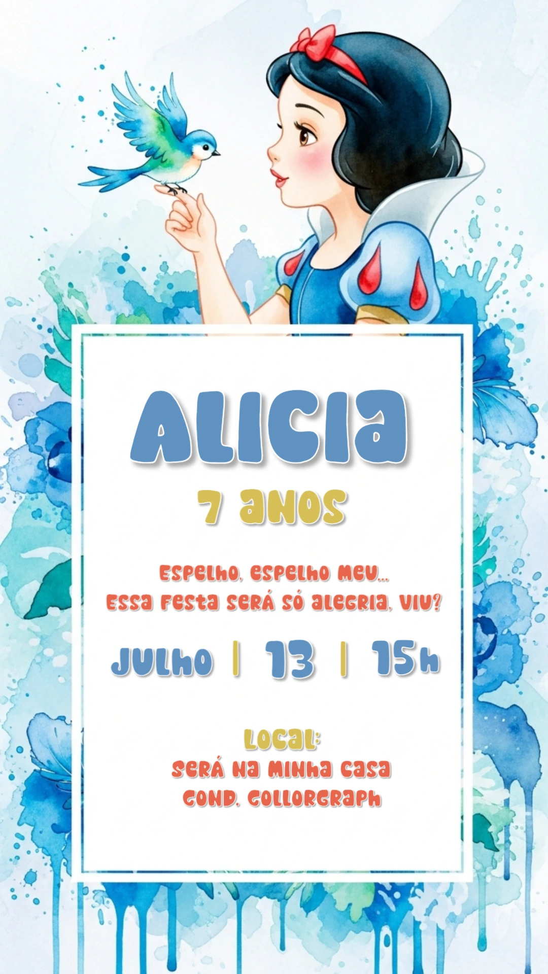 Convite Aniversário Branca de Neve Aquarela para Editar Online